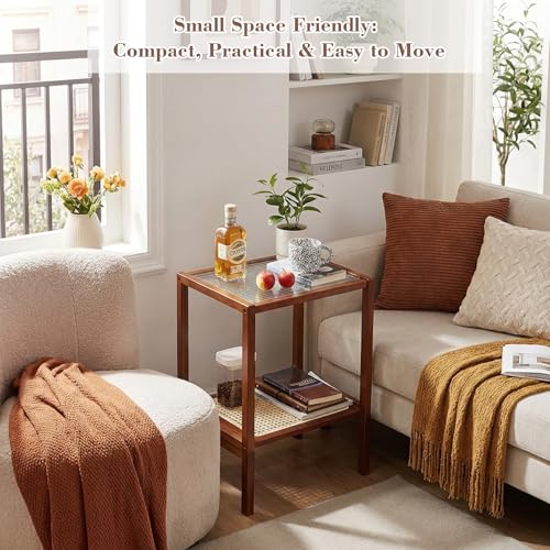 Tiita Rattan Side Table, Mid Century Nightstand, 2-Tier Bamboo Accent Bedside Tables, Glass Coffee Tables, Boho Wooden Narrow End Table with Storage for Small Space, Living Room and Bedroom - color: 2-tier-rattan-brwon