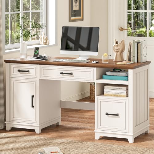 Vabches 55" Farmhouse Executive Desk with 3 Drawers & Storage Cabinet, Wooden Computer Desk, Home Office Desk with File Drawer (Fits A4 Size) for Work and Study, Rustic White and Brown - color: Rustic White and Brown