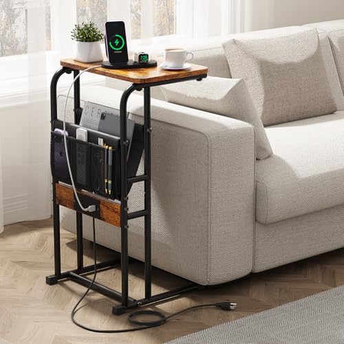 Olldide C-Shaped End Table with Charging Station and Storage Bag, Slide Under Couch Sofa Side Table, Metal Frame for Living Room, Bedroom, Small Space (Rustic Brown) - color: Rustic Brown-1, size: 29in height