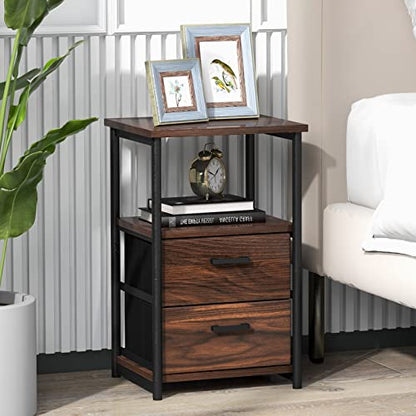 Tangkula Nightstand, Sofa Side End Table with Open Shelf & 2 Drawers, Metal Frame Bedside Table, Wooden Top 2 Drawer Dresser, Storage Unit for Bedroom, 13.5 x 12 x 23 Inch (2, Walnut)