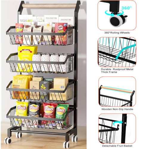 4-Tier Rolling Storage Cart with Wheels, Adjustable Metal Fruit & Vegetable Basket Organizer with Wood Handle, Mesh Wire Utility Rack for Kitchen, Pantry, Bathroom, Black