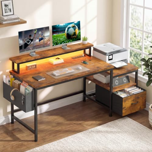 EnHomee 56.5" Office Desk with Drawers & Printer Space for Home Work,Brown | Computer Desk with 3 AC Outlets& 2 USB Ports,Waterproof LED Strip Lights,Monitor Stand & Side Pockets,Home Office,Bedroom - color: Rustic Brown, size: 56.5" With LED Light