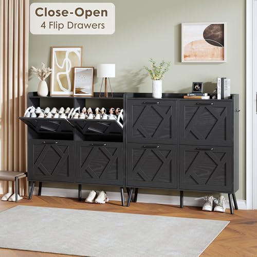 Shoe Cabinet with 4 Flip Drawers, Hidden Shoe Rack Cabinet with Metal Legs, Farmhouse Narrow Shoe Storage Cabinet for Entryway, Foyer, Hallway, Black - color: Solid Black