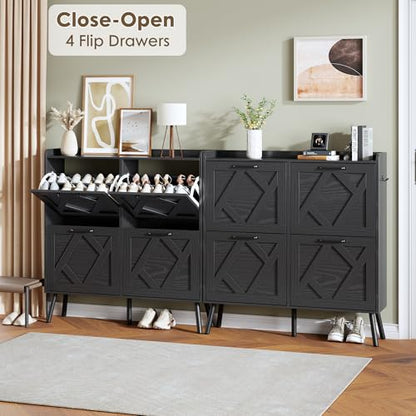 Shoe Cabinet with 4 Flip Drawers, Hidden Shoe Rack Cabinet with Metal Legs, Farmhouse Narrow Shoe Storage Cabinet for Entryway, Foyer, Hallway, Black - color: Solid Black