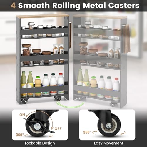 4-Tier Slim Rolling Storage Cart, Wooden Kitchen Utility Cart with Wheels & Handle, Space Saving Trolley, Slide Out Shelving Unit for Narrow Spaces, Laundry, Bathroom (Grey + Natural) - color: Grey + Natural