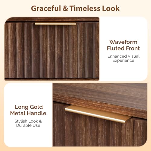 VINGLI Nightstands Set of 2, Fluted Night Stand with Drawer, Bedside Table, Wood Nightstand for Bedroom, Mid Century Modern End Tables, Walnut, 18.9" W*14.96" D*24" H - color: Walnut, size: 19"W-1 Drawer