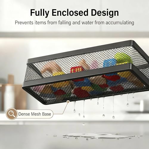 PUSDON 5-in-1 16.5" Extra Long Slim Wall Mount Wrapped Mesh Kitchen Organizer & Shower Caddy Kit, with Paper Towel Holder, Utensil Holder, Soap Dish, Holds 50LBS - Matte Black, Netting - color: Matte Black, size: 5-in-1 Full Mesh (16.5" Extra Long)