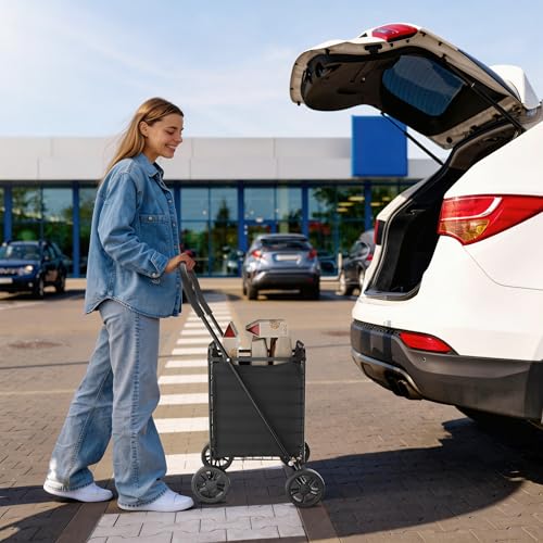 Whitmor Foldable Utility Shopping Cart with Wheels, 60Lb Capacity, Heavy Duty Grocery Cart with Steel Frame, Foam Handle, Rolling Utility Cart for Grocery, Laundry, Travel, Black/w Liner - size: 18.5"L x 18.5"W x 35"H，Black w/Liner