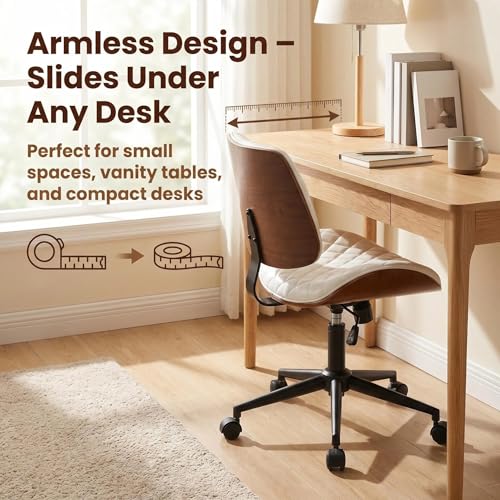 Furnimart Armless Small Desk Chair with Wheels, 360° Swivel Faux Leather Vanity Chair for Bedroom, Compact Home Office Task Chair for Small Spaces, Heavy-Duty Wood Frame(PU White) - color: Faux Leather-white