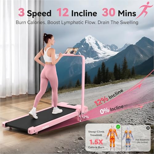 FUNMILY Upgrade Walking Pad Folding Treadmill with 12%/15% Incline & Handle Bar, 3.5HP Foldable Under Desk Compact Treadmills for Home/Office/Gym, 400+lb Capacity, Shock Absorption - color: Misty Lavender Pink