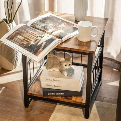 End Table, Industrial Side Table with 2-Tire Storage Shelf, 180LBS Mini Fridge Stand with Adjustable Feet, 18"x18" Wood Night Stand Small Bedside Table with Sturdy Metal Frame for Living Room Bedroom - color: Rustic Brown 1pc 18inch