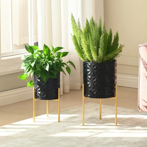 Modern Planter Pots, Set of 2 Black Planters with Stand, Decorative Planters, Metal Pots with Drainage Holes for Living Room, Office, Garden - color: Frosted Black