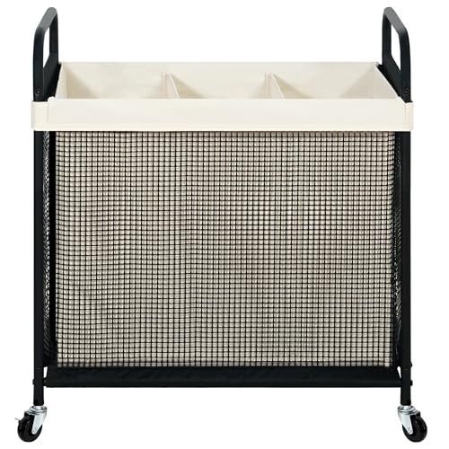 STO STO Laundry Hamper 3 Section, 120L Rolling Laundry Sorter Cart with Removable and Washable Liner Bag, Clothes Hamper with Wheels and Metal Handle for Laundry Room and Bedroom - color: Beige, size: 3-Section