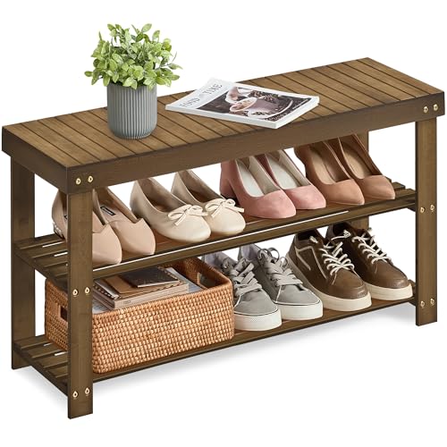SONGMICS Shoe Rack Bench, 3-Tier Bamboo Shoe Storage Organizer, Entryway Bench, Holds Up to 286 lb, 11.3 x 35.4 x 17.8 Inches, for Entryway Bathroom Bedroom, Yellow Brown ULBS090K01 - color: Yellow Brown, size: 35.4"W