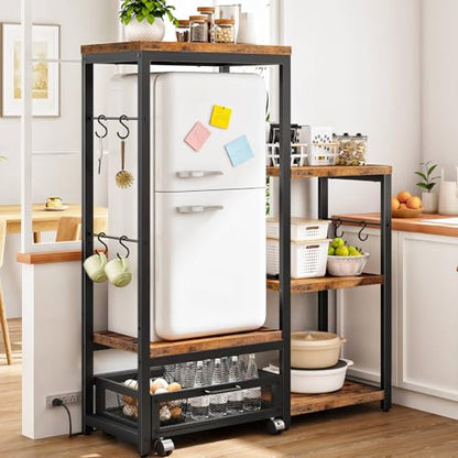HOOBRO Mini Fridge Stand with Storage, Microwave Stand with Movable Basket, 3-Tiers Coffee Bar Station, Bakers Rack with Power Outlet, for Kitchen, Dorm, Office, Rustic Brown and Black BF38UHB01