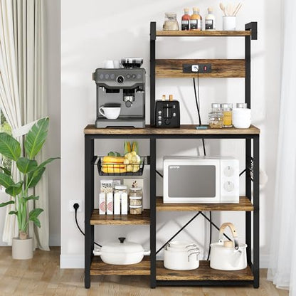 Recaceik Bakers Rack Kitchen Storage Rack with Power Outlet Microwave Stand Coffee Bar Station with 5 S-Hooks Freestanding Kitchen Shelves for Spices, Pots and Pans, Rustic Brown