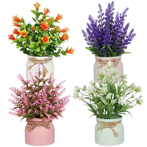 Yoratee 4pcs Artificial Pot Flowers Small Fake Plants with Pot Mini Potted Plants for House Office Tabletop Decoration - color: 4pcs