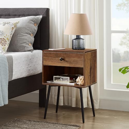 VECELO Nightstands Set of 2, Mid Century Modern End Bedside Table, Night Stand with Storage Drawer and 2 Tiers Open Shelf for Small Place, Bedroom, Living Room, Easy Assembly, Brown - color: Brown