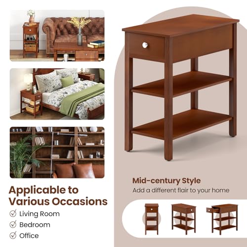 Giantex Narrow End Table Set of 2, Farmhouse Side Tables with Drawer & Storage Shelves, Wood Sofa Side Table, 3-Tier Night Stand for Small Space Living Room Bedroom, Brown - color: Brown