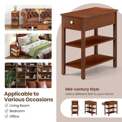 Giantex Narrow End Table Set of 2, Farmhouse Side Tables with Drawer & Storage Shelves, Wood Sofa Side Table, 3-Tier Night Stand for Small Space Living Room Bedroom, Brown - color: Brown