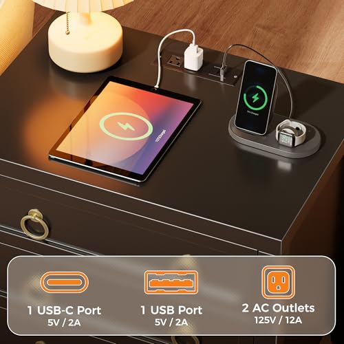 Huuger Paint Night Stand with Charger Station, 3 Drawer Nightstand Set of 2 | Larger Wider Bedside Table with USB-C Port, Modern End Table, for Bedroom, Living Room, Black Nightstand - color: Black