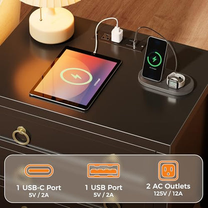 Huuger Paint Night Stand with Charger Station, 3 Drawer Nightstand Set of 2 | Larger Wider Bedside Table with USB-C Port, Modern End Table, for Bedroom, Living Room, Black Nightstand - color: Black