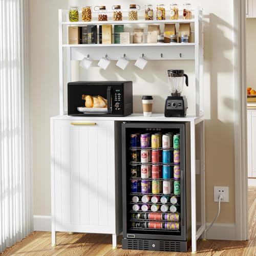 DWVO Fridge Stand with Tilt Out Trash Can Fit 10 Gallon | Storage Bakers, Kitchen Rack with Power Outlets, Freestadning Coffee Bar Cabinet, 3-Tiers Coffee Stand Station - style: Antique-White