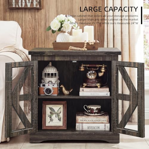 Farmhouse End Table, 24" Large End Tables with Storage, Rustic Square Sofa Beside Table with Glass Barn Door, Wood Side Table Square Nightstand for Living Room, Bedroom, Office (Antique Finish) - color: Antique Finish