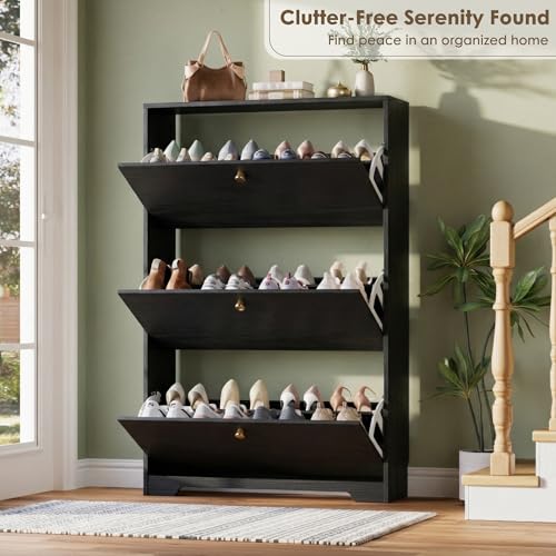 Nicetree Shoe Cabinet with 3 Flip Drawers, Narrow Shoe Organizer Cabinet, Freestanding Shoe Rack Cabinet, Modern Shoe Storage Cabinet for Entryway, Hallway, Foyer, Black - color: Black, style: 3-Drawers