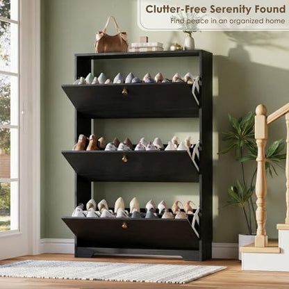 Nicetree Shoe Cabinet with 3 Flip Drawers, Narrow Shoe Organizer Cabinet, Freestanding Shoe Rack Cabinet, Modern Shoe Storage Cabinet for Entryway, Hallway, Foyer, Black - color: Black, style: 3-Drawers