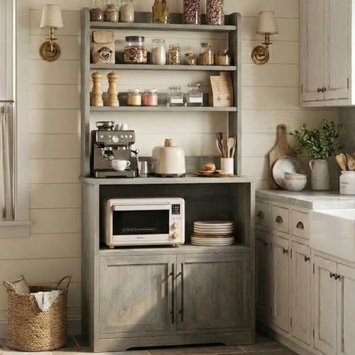 GarveeHome Bakers Rack with Power Outlet and 2 Wood Doors, 63" Tall Farmhouse Wood Microwave Stand with Hutch & 3 Shelves, Coffee Bar Cabinet with Thick Counter, Sturdy Frame, for Kitchen, Rustic Gray - color: Rustic Gray, size: with 2 Wood Door