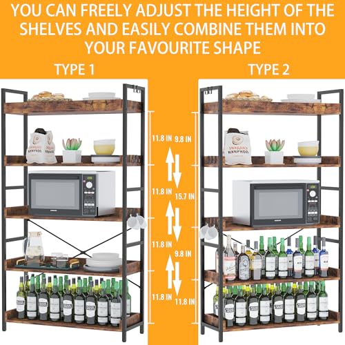 HCHQHS 5 Tier Bookshelf, Adjustable Industrial Bookcase, Vertical Tall Book Shelf, Wood and Black Metal Open Bookshelves for Home Office, Living Room, Bedroom - color: Rustic Brown, size: 5-Tier (31.5"W x 57"H)
