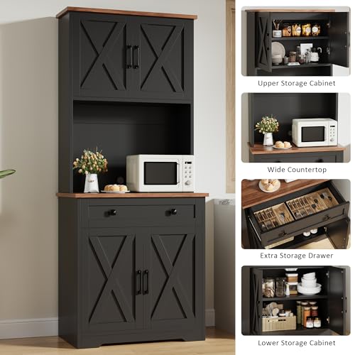 GarveeLife 71" Pantry Cabinet with Charging Station, Tall Kitchen Pantry Storage Cabinet with Microwave Stand, Large Farmhouse Kitchen Hutch with Cabinet Doors & Drawer for Living Room, Dining Room - color: Black