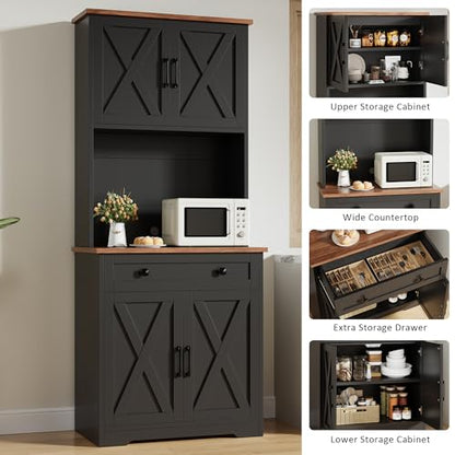 GarveeLife 71" Pantry Cabinet with Charging Station, Tall Kitchen Pantry Storage Cabinet with Microwave Stand, Large Farmhouse Kitchen Hutch with Cabinet Doors & Drawer for Living Room, Dining Room - color: Black
