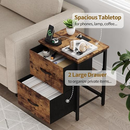Vagusicc Nightstand Set of 2 with Charging Station, End Table Bedside Table with Power Outlet & USB Ports, Side Table with 2 Fabric Drawers for Bedroom, Living Room, Rustic Brown - color: Rustic Brown (2 Pack)