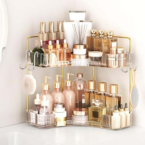 Corner Bathroom Counter Organizer 2 Tier Bathroom Organizers | Storage Countertop with Hooks Skin Care Exquisite Vanity Organizer Countertop Bathroom Storage Dresser, Kitchen-Clear - color: Clear, size: 2 Tier