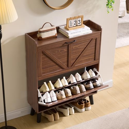 LEYAOYAO Shoe Cabinet Storage for Entryway with 2 Flip Drawers Rack Narrow Organizer Slim Hidden Wood Shoe Cabinet Furniture Walnut - color: Walnut