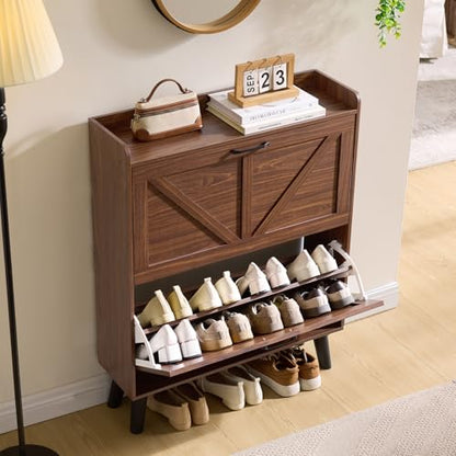 LEYAOYAO Shoe Cabinet Storage for Entryway with 2 Flip Drawers Rack Narrow Organizer Slim Hidden Wood Shoe Cabinet Furniture Walnut - color: Walnut