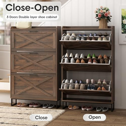 Maupvit Shoe Storage Cabinet with 3 Flip Drawers, Freestanding Organizer with Metal Legs for Entryway, Narrow Shoe Rack Cabinet, Dark Walnut - color: Dark Walnut, style: 3-Drawers