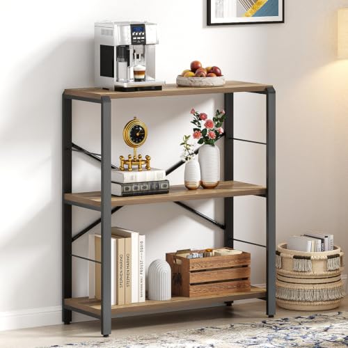 FOLUBAN Small Bookshelf, 3 Tier Open Book Shelf, Rustic Wood and Metal Shelving Unit for Small Space, Oak - color: Oak, size: 3-Tier