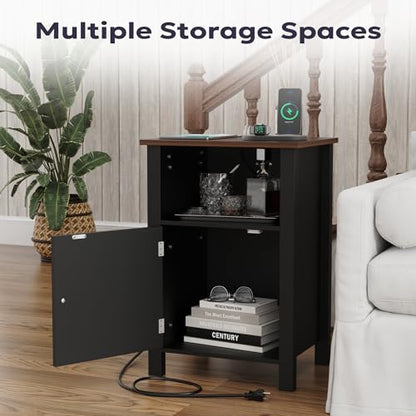 Furnify Farmhouse Nightstand Set of 2, Night Stand with Charging Station and USB Port, Modern Nightstand with Storage Shelf, Rustic Side Table with Open Space, Side Table for Bedroom, Black - color: Black