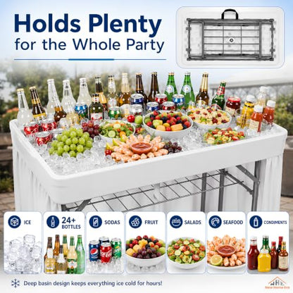 4 Feet Folding Ice Cooler Table with Drain Plug and Wire Shelf | Easy Drainage System, Foldable Legs, Deep Ice Bin, Polyethylene Tabletop, Tailgate & Camping Use