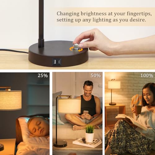 Table Lamps Set of 2, Fully Dimmable Bedside Lamp with USB C+A Charging Ports, Modern Nightstand Lamps with Linen Fabric Shades, Tall Desk Lamp for Bedroom, Living Room, Office, LED Bulb Included - color: Brown 2 Pack