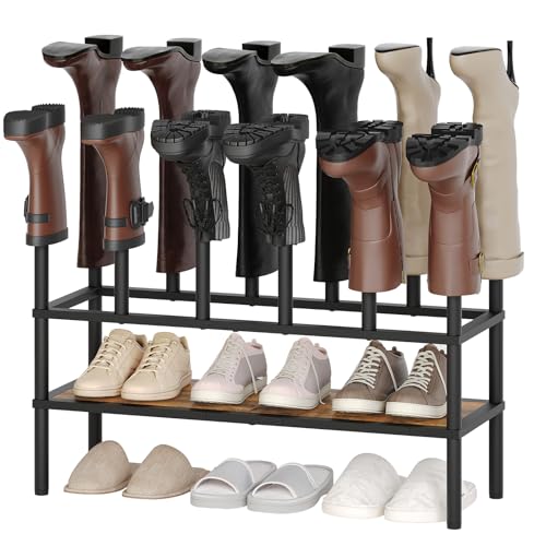Shoe and Boot Rack Organizer, Tall Boots Rack for Closet, Cowboy Shoes Storage, 3 Tier Shoe Racks Organizer Holds 10 Pairs, Black and Rustic Brown SS09BRY1 - color: Rustic Brown + Black, size: 29.9" x 10.2" x 29.2"