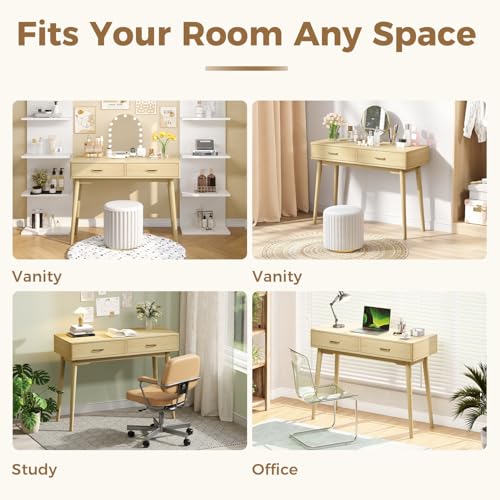 FUNKOCO Small Wood Desk with Drawers - 40 Inch Home Office Study Writing Desk for Bedroom, Vanity Desk with 4 Solid Legs, Modern Computer Desk for Small Spaces - color: Wood