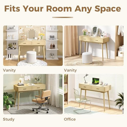 FUNKOCO Small Wood Desk with Drawers - 40 Inch Home Office Study Writing Desk for Bedroom, Vanity Desk with 4 Solid Legs, Modern Computer Desk for Small Spaces - color: Wood