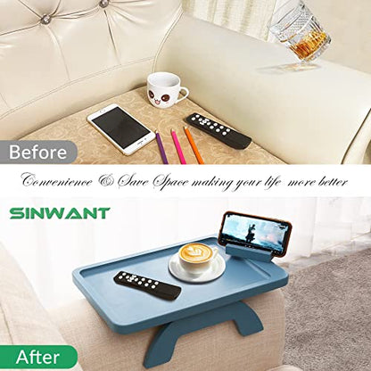 SINWANT Couch Arm Tray, Bamboo Sofa Clip on Tray Tables with 360° Phone Holder,Folding Anti Slip Couch Armrest Table for Snacks,Drinks,Remotes 15.35"x9.85" - color: Blue
