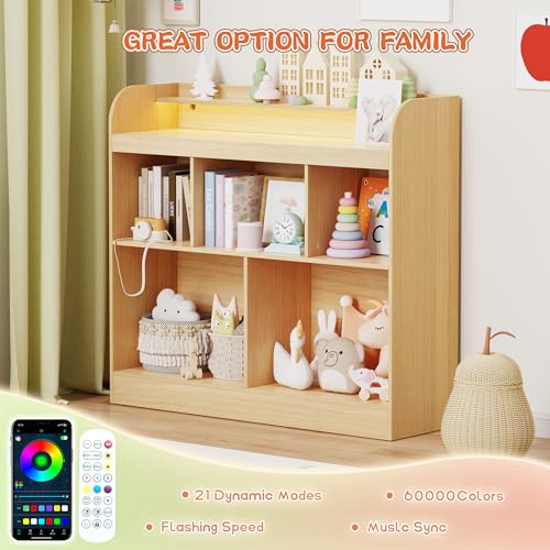 Lkeiyay Kids Bookshelf with LED Lights, Montessori Storage Unit, Natural | Freestanding open cubby kids bookcase with LED light, rounded safety edges, perfect for kids bedroom, playroom & nursery - color: Natural Wood