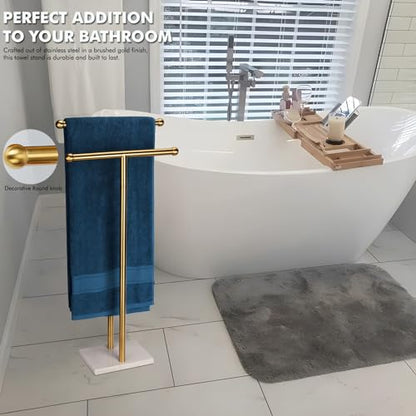 WAYDELI Standing Towel Rack Double-T Shape Tall Bath Towel Sheet Holder with Marble Design Base for Bathroom 2 Tier Towel Holder Stand Stainless Steel (Brushed Gold) - color: Brushed Gold
