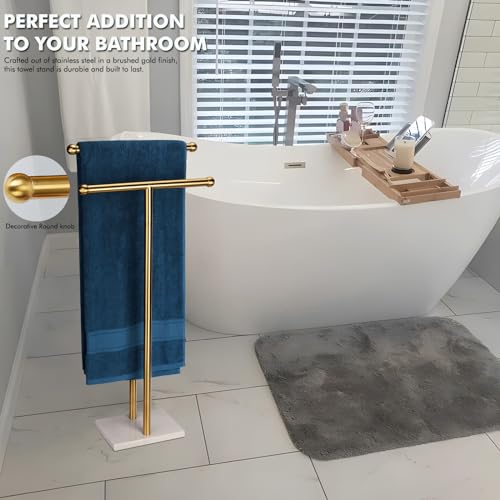 WAYDELI Standing Towel Rack Double-T Shape Tall Bath Towel Sheet Holder with Marble Design Base for Bathroom 2 Tier Towel Holder Stand Stainless Steel (Brushed Gold) - color: Brushed Gold